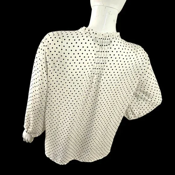 Jasmine & Juliana Long Slv White Black Polka Dot Blouse Sz L 1/2 Btn Ruffle Neck - Picture 4 of 9